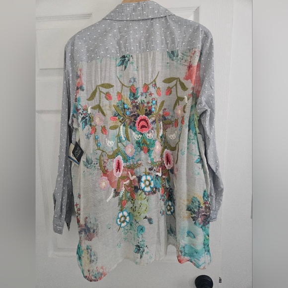 NWT John Mark Mixed Media Polka Dot Boho Embroidered Floral Detailed Shirt XL - Picture 5 of 9